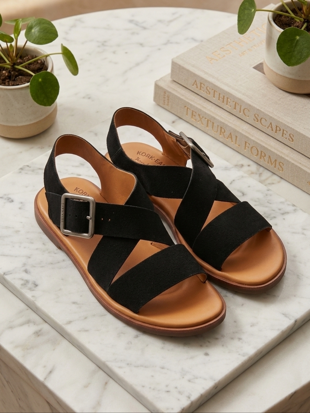 Kork-Ease Black and Tan Suede Minimalist Crisscross Sandals Size 7M